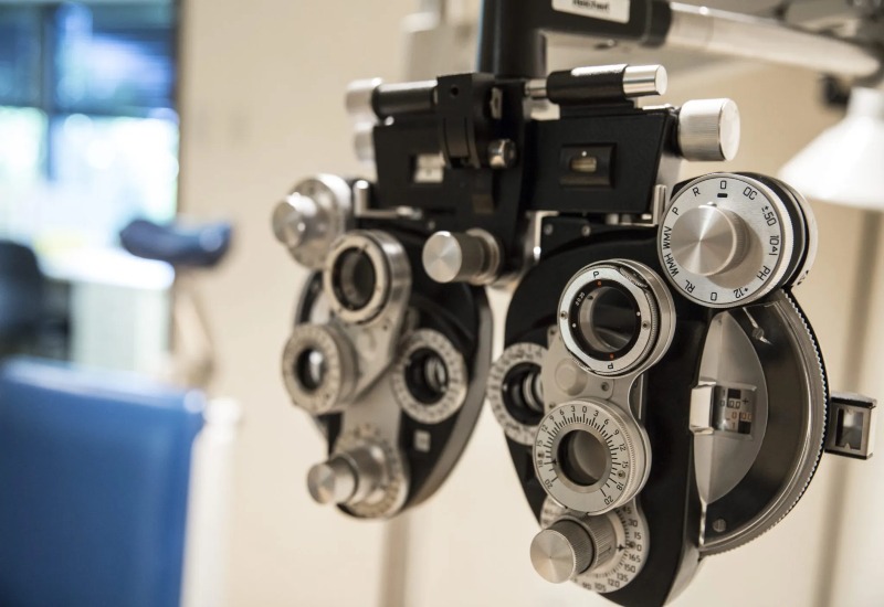 Close-up view of a phoropter used for eye examinations in Oklahoma City