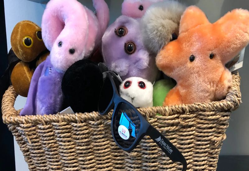 A basket of colorful plush toys with stylish UV protection sunglasses for kids in Oklahoma City